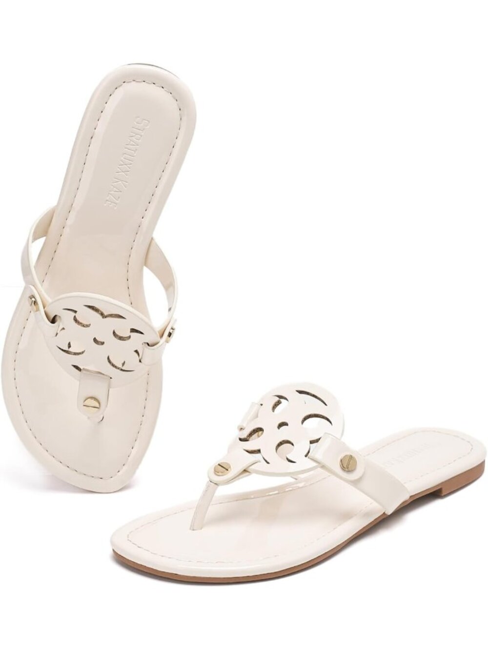 Women's White Faux Leather Memory Foam Beach Slides Comfy Flipflop Flat Sandals